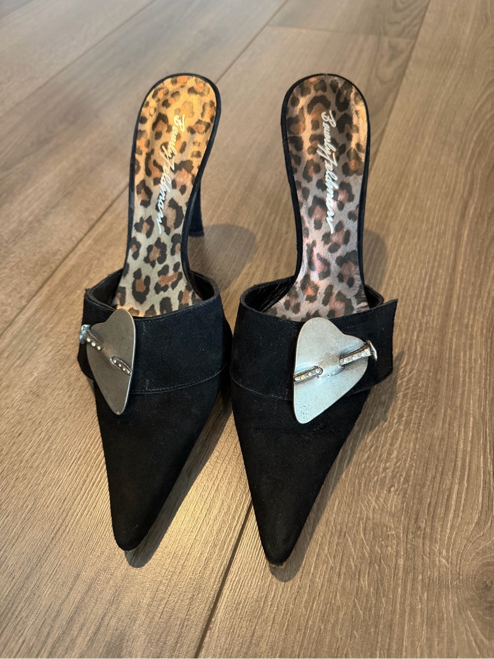 Beverly Feldman Black Suede Pointed Mule Heels with Silver Heart Accent